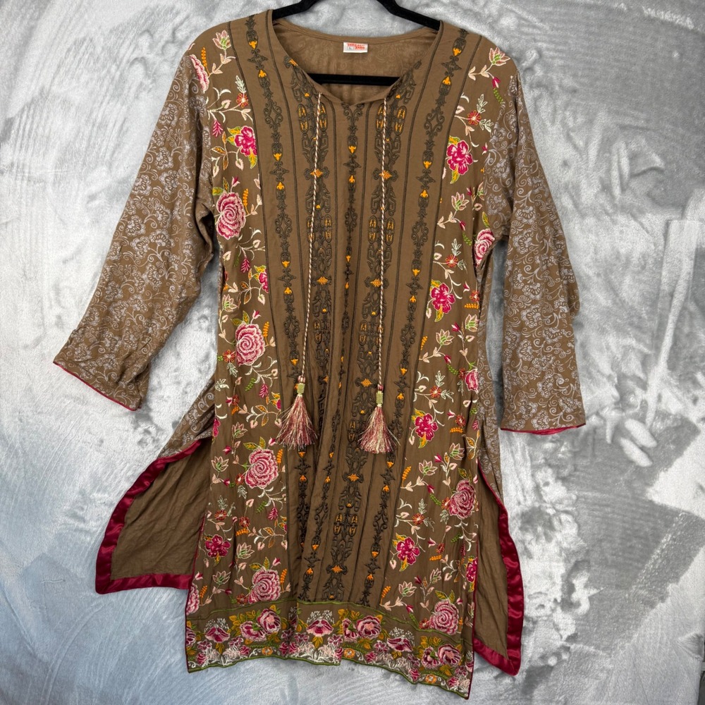 Zero Zero Boutique Brown Floral Embroidered Tassel Kurti Tunic Top Large BOHO